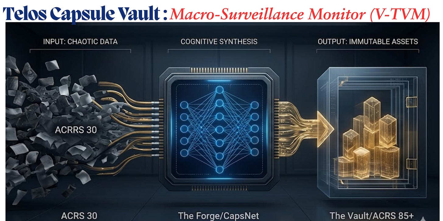 V-TVM Macro-Surveillance Monitor system architecture: three-stage pipeline from chaotic data ingestion through CapsNet cognitive synthesis to immutable vault output