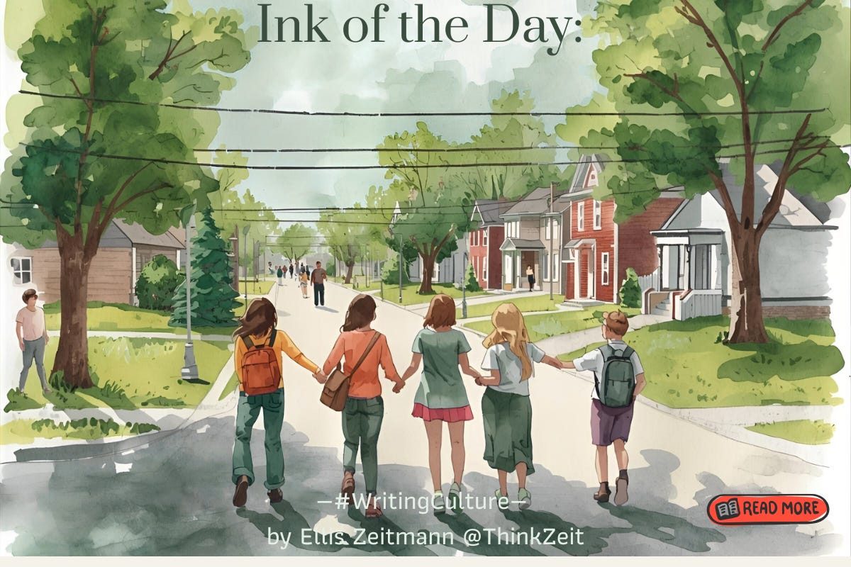 Watercolor illustration of five people walking hand in hand down a tree-lined suburban street, viewed from behind. "Ink of the Day" writing about On Keeping the Self While Giving by Ellis Zeitmann, for ThinkZeit.