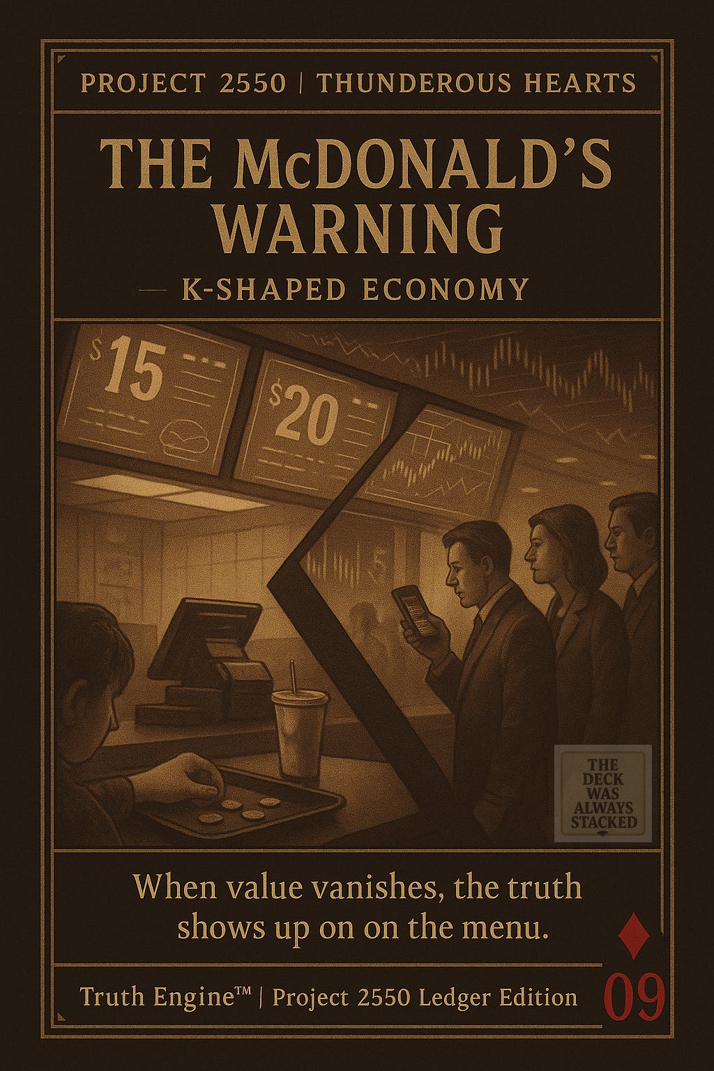 A ledger-style poster shows a fast-food counter split by a bold K shape: an empty lane for low-income customers and a crowded line of professionals trading down, under menu prices of $15–$20. Title reads “The McDonald’s Warning — K-Shaped Economy.”
