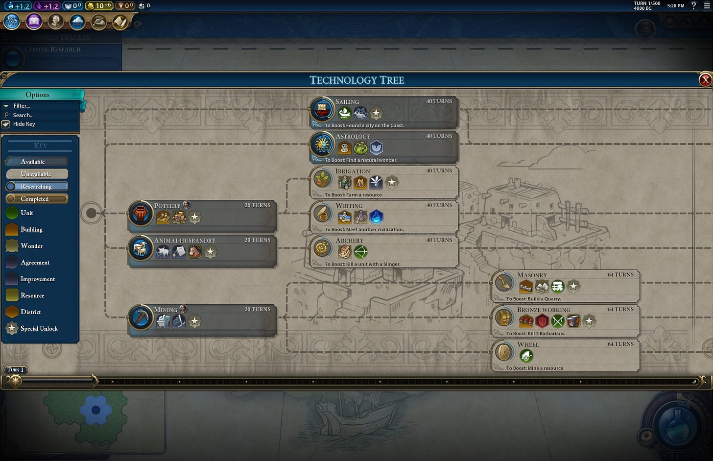 A screenshot of the Technology Tree menu in Civilization VI. No technology projects have been completed yet. The first three options are "Pottery", "Animal Husbandry", and "Mining." A screenshot of the Technology Tree menu in Civilization VI. No technology projects have been completed yet. The first three options are "Pottery", "Animal Husbandry", and "Mining."