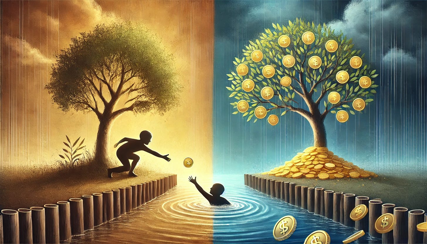 A conceptual digital illustration representing the dilemma between immediate charity and long-term investment. On the left side, a person is reaching out to save a drowning child in a small pond, while on the right side, a tree with golden coins growing from its branches symbolizes wealth accumulation and future prosperity. The background subtly transitions from a warm, emotional tone on the left to a cool, calculated tone on the right, illustrating the philosophical contrast. The image is rectangular, designed for use as a blog header, and has a balanced, thought-provoking composition.