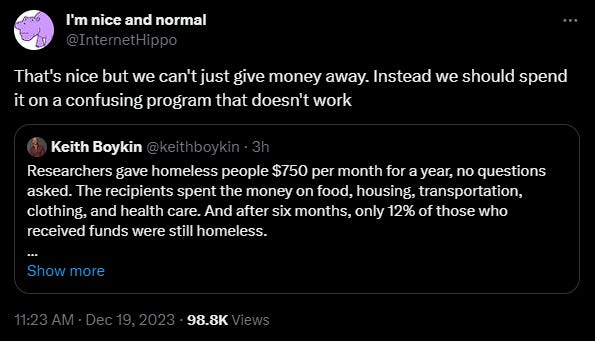 Tweet reading: "That's nice but we can't just give away money. Instead we should spend it on a confusing program that doesn't work."