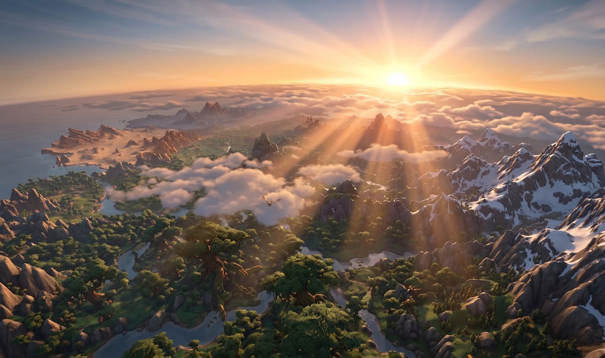 A sweeping aerial view of a fantasy world at dawn showing multiple biomes including forests, snow-capped mountains, and coastlines beneath a golden sunrise with a dragon visible in the distance