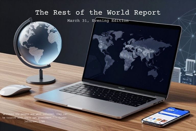 A wooden desk with a silver laptop displaying a dark world map on screen, a small glass globe on a stand to the left, a white wireless mouse, and a smartphone propped at the right edge. A dark background features a faint network connectivity graphic in the upper right corner. "Rest of the World Report" top of image, "March 31, Evening Edition," just below that. A wooden desk with a silver laptop displaying a dark world map on screen, a small glass globe on a stand to the left, a white wireless mouse, and a smartphone propped at the right edge. A dark background features a faint network connectivity graphic in the upper right corner. "Rest of the World Report" top of image, "March 31, Evening Edition," just below that.