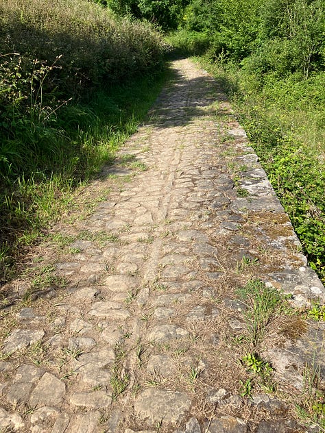 a water fountain in a park setting, two more rocky paths paved with cobblestones