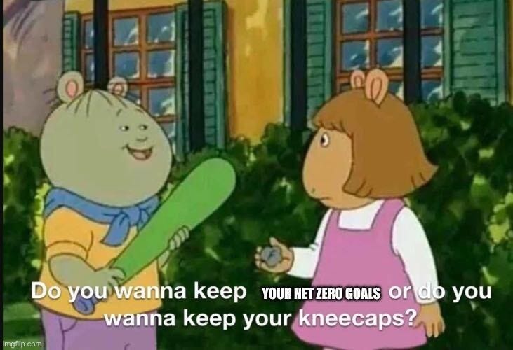 Arthur cartoon still of Buster holding a baseball bat, with D.W. asking, "Do you wanna keep your net zero goals or do you wanna keep your kneecaps?"