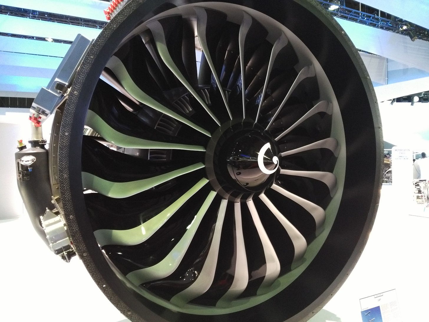 A CFM LEAP engine exhibited at the Paris Air Show, front view of the composite fan blades A CFM LEAP engine exhibited at the Paris Air Show, front view of the composite fan blades