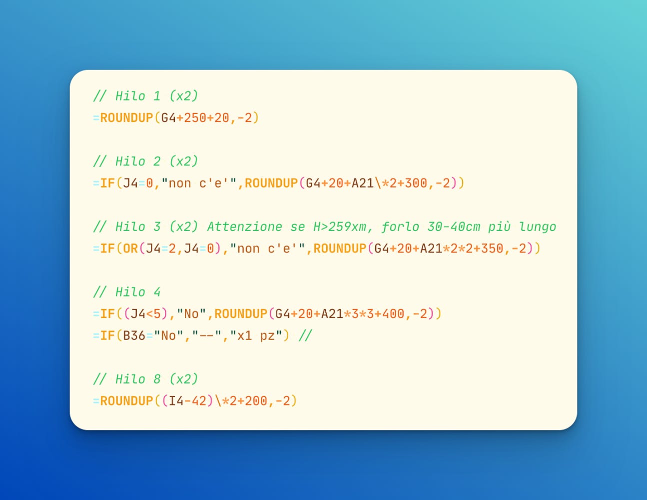 XLS formulas for each thread 