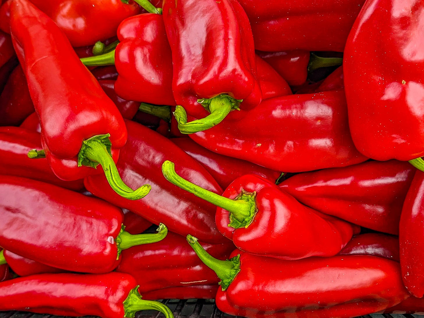 A close-up of bright red peppers.
