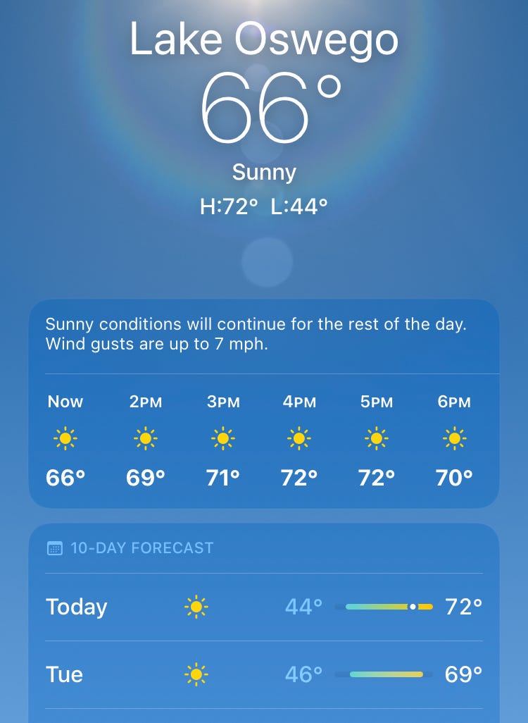 Weather app predictive sunshine with highs in the 70's