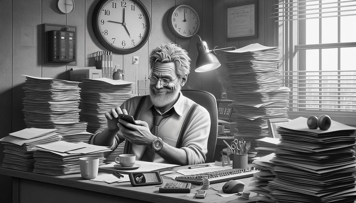 Middle-aged man in a chaotic office setting, sitting at a desk cluttered with papers and empty coffee cups. He’s distracted by a game on his smartphone, and his expression mixes guilt with amusement.