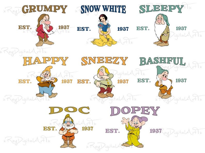 May include: A colorful illustration of the seven dwarfs from the Disney movie Snow White and the Seven Dwarfs. Each dwarf is depicted with their name and the year 1937. The dwarfs are: Grumpy, Happy, Sleepy, Sneezy, Bashful, Doc, and Dopey.