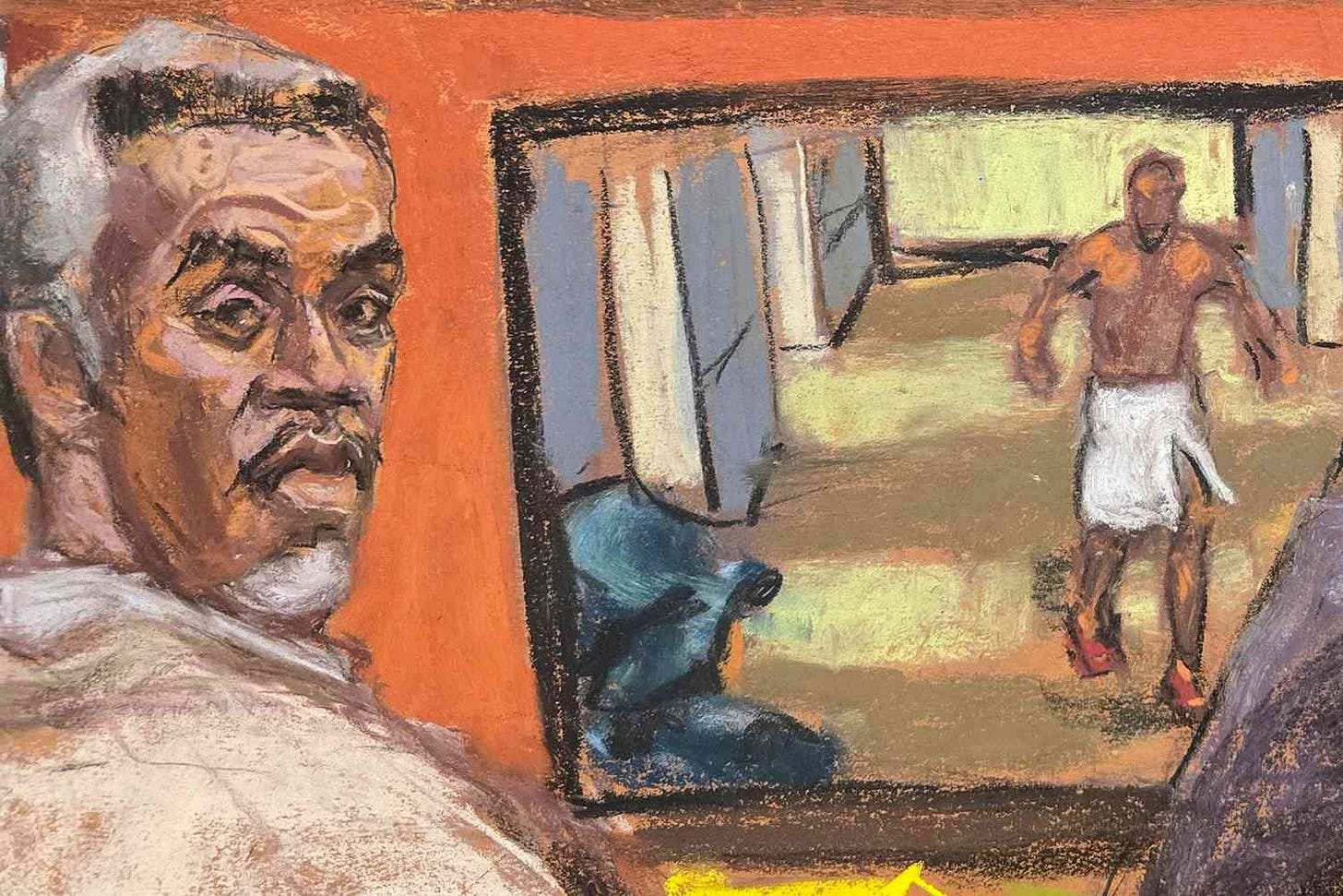 Sean "Diddy" Combs listens as his former girlfriend Casandra "Cassie" Ventura testifies as a video from a hotel is played at his sex trafficking trial in New York City, New York, U.S., May 14, 2025 in this courtroom sketch. 