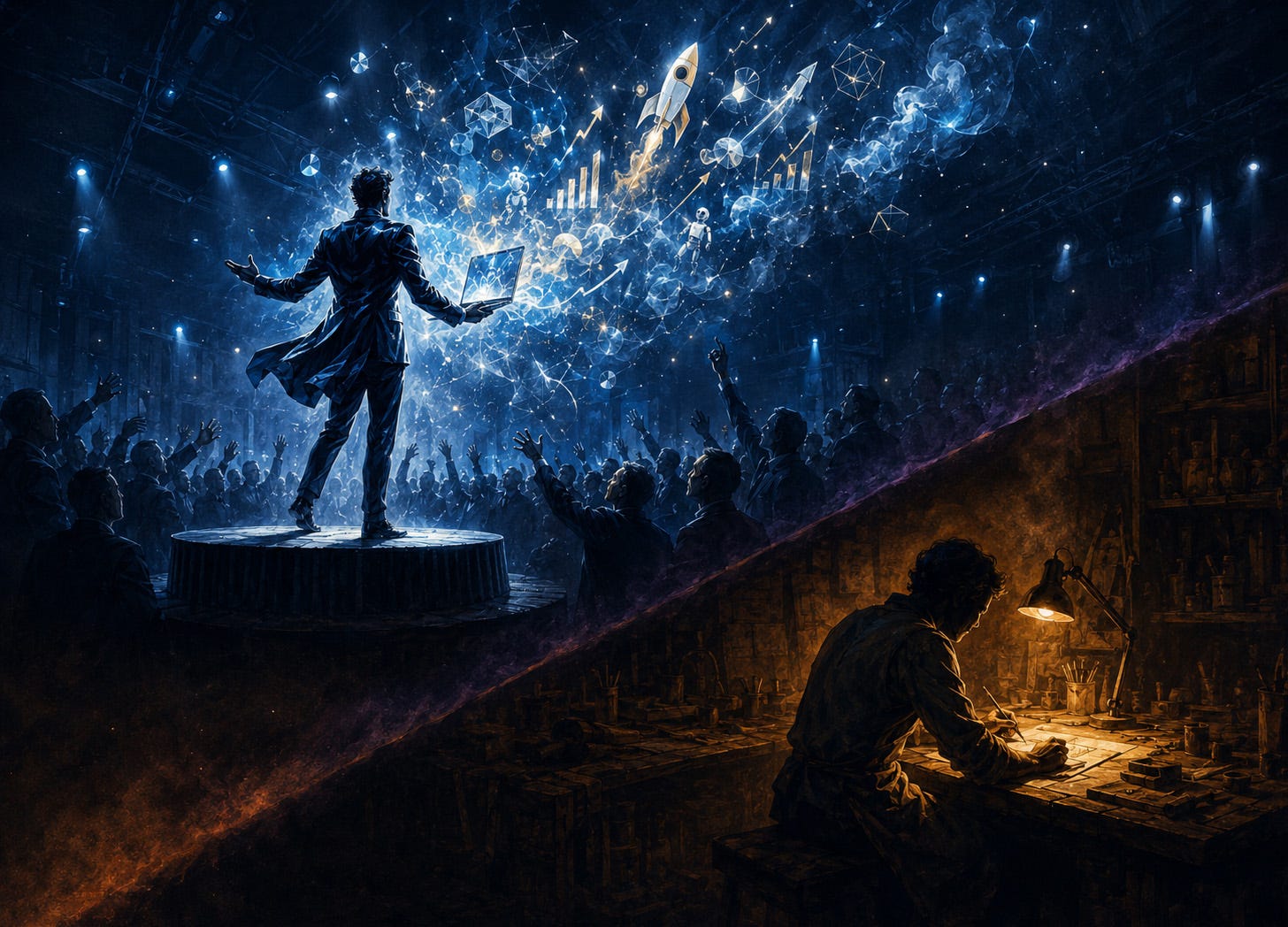 Illustration éditoriale — entrepreneur magicien de la tech face à l'artisan authentique, automatisation et vente de rêve Illustration éditoriale — entrepreneur magicien de la tech face à l'artisan authentique, automatisation et vente de rêve