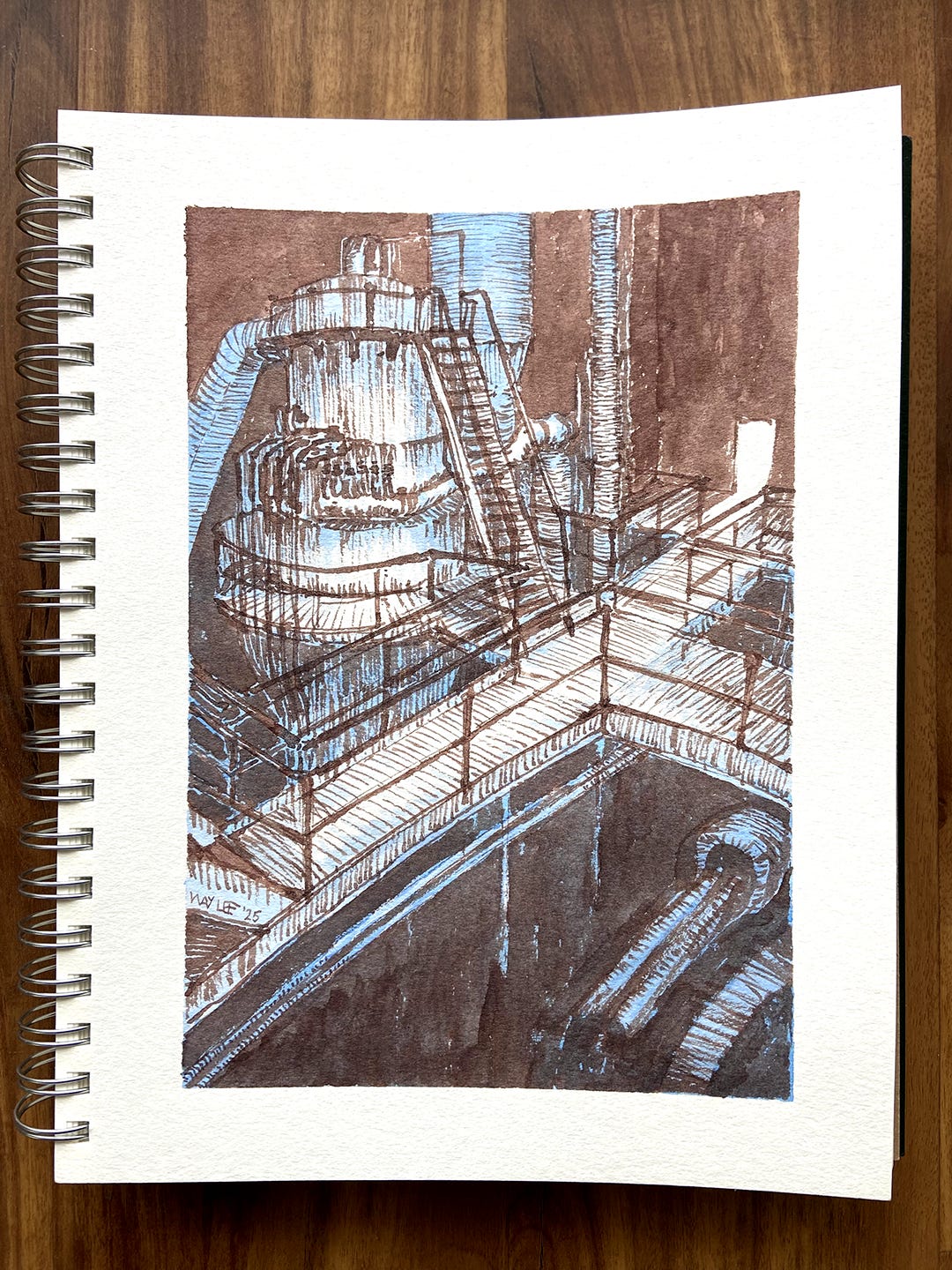 A brown and blue ink drawing of gigantic heavy machinery and a catwalk inside a decommissioned steam plant.