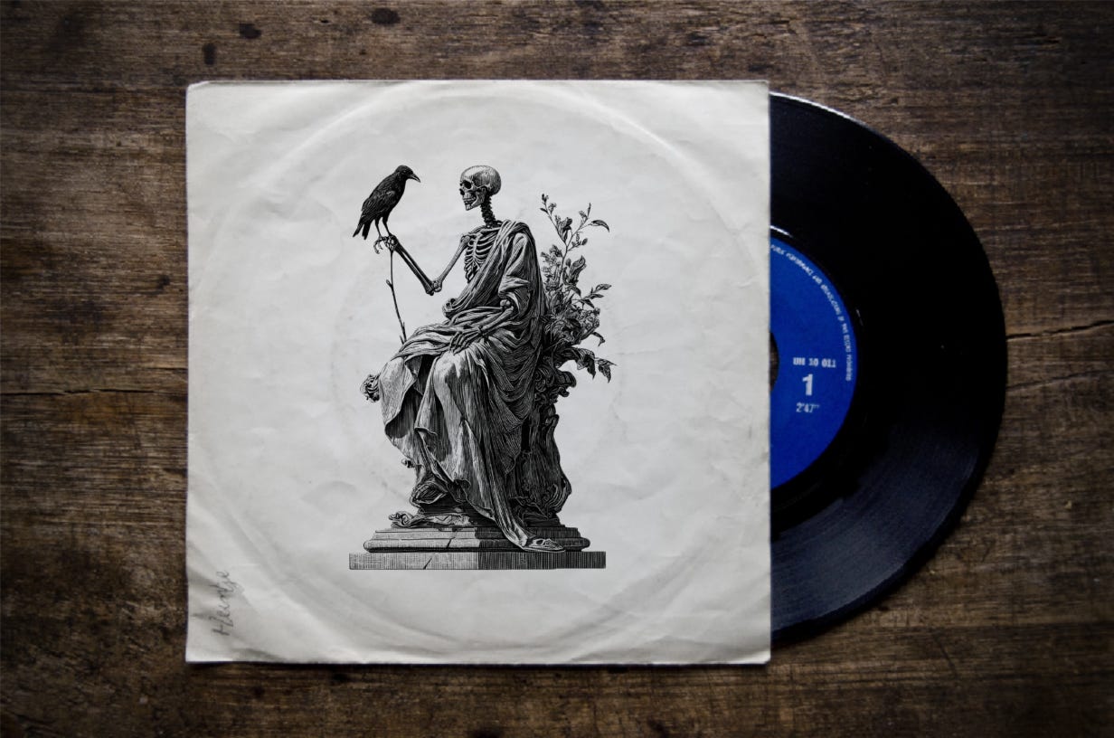A black vinyl record half removed from its off-white paper sleeve. The cover of the sleeve shows a robed skeleton sitting on a stone throne.  A raven sits on the back of the raised hand of the skeleton.