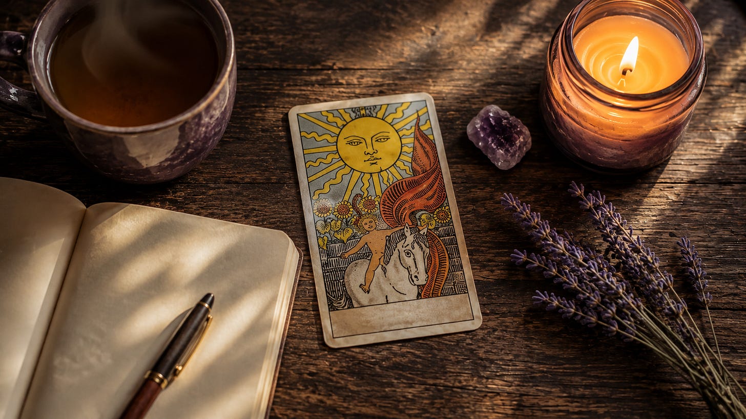 The Sun tarot card resting on an open notebook beside a cup of coffee and a lit candle.