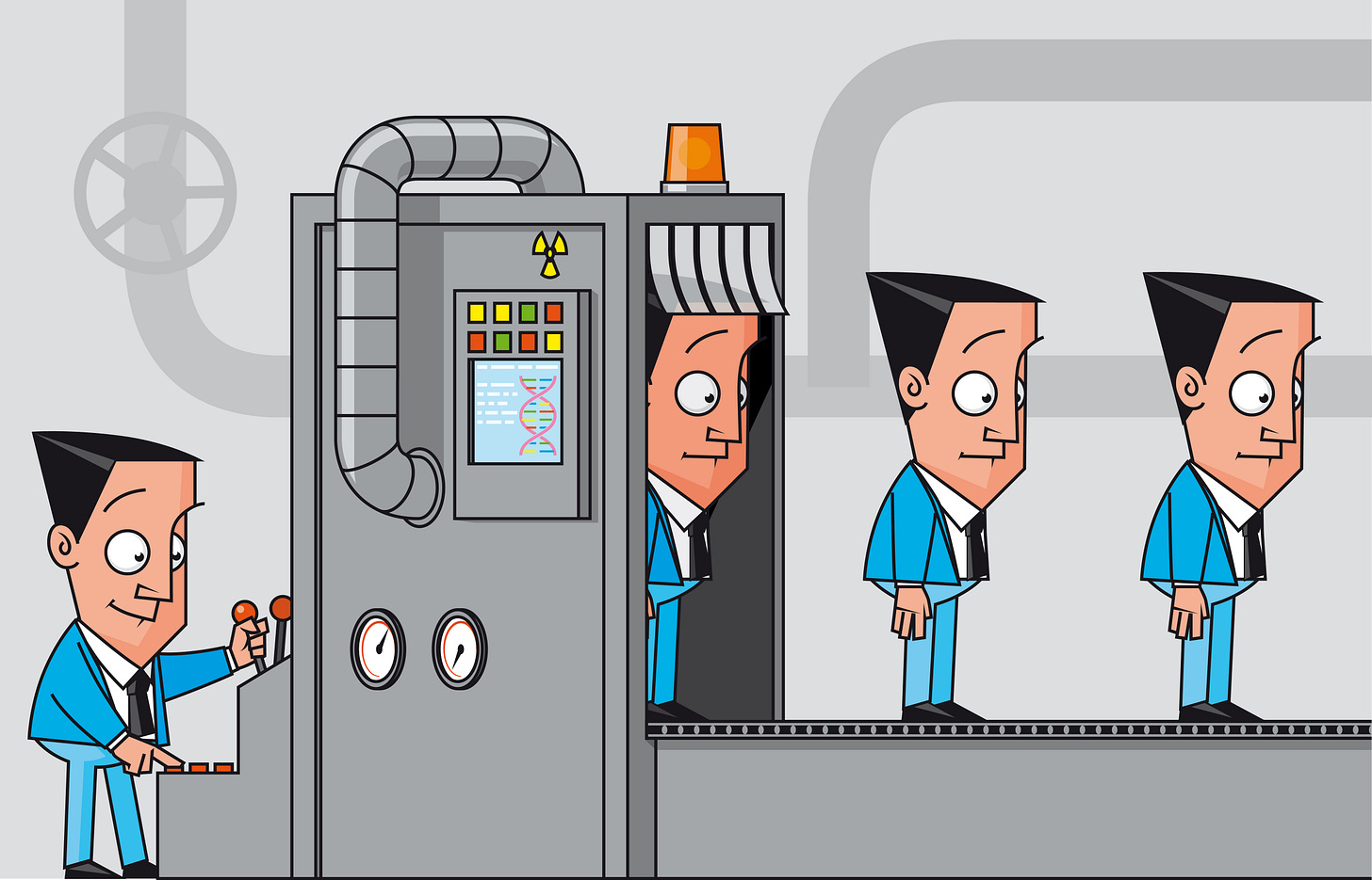 a man using a machine to make clones of himself