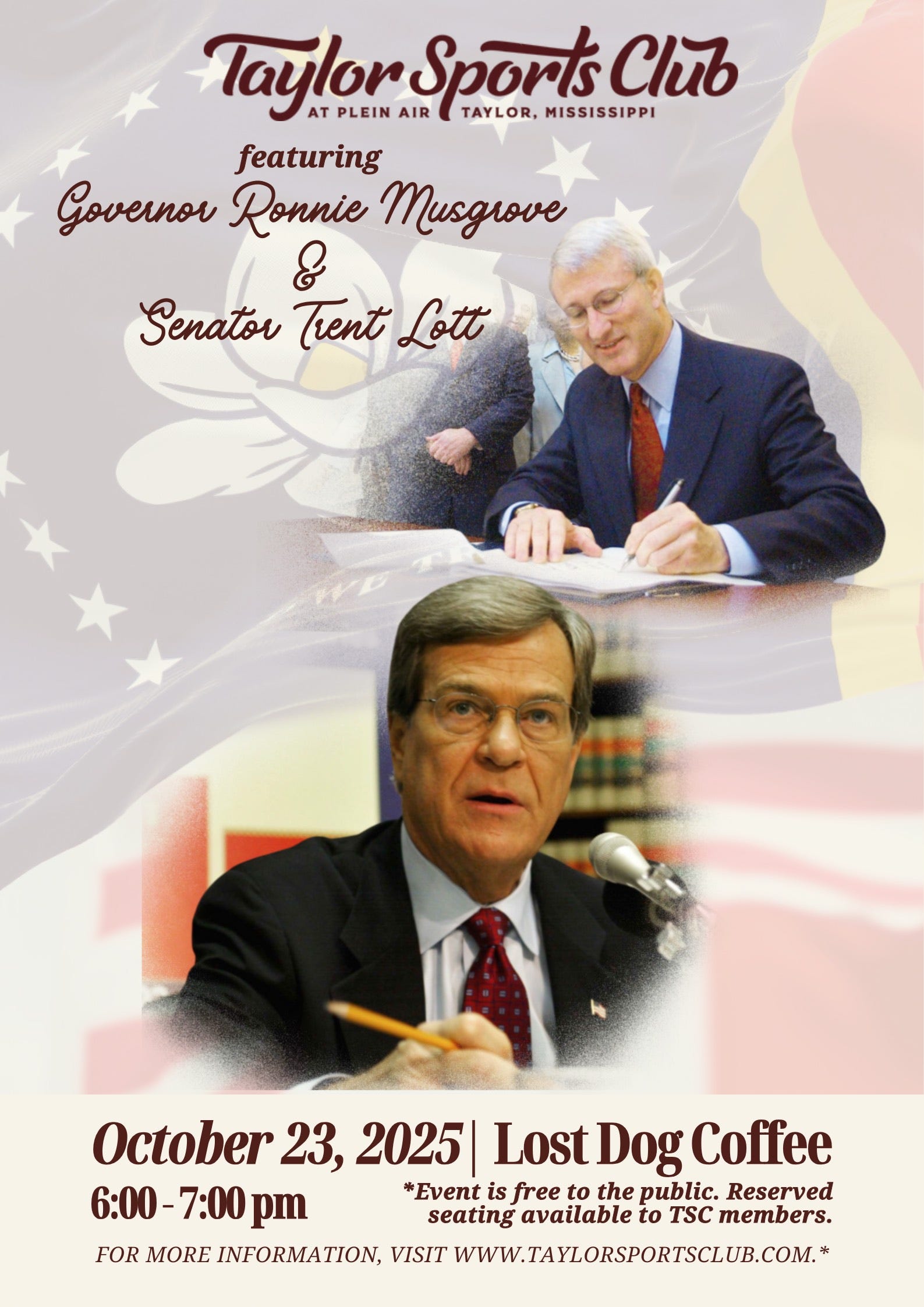 Governor Ronnie Musgrove and Senator Trent Lott Stop by the Taylor Sports Club on Thursday, October 23rd at 6 PM
