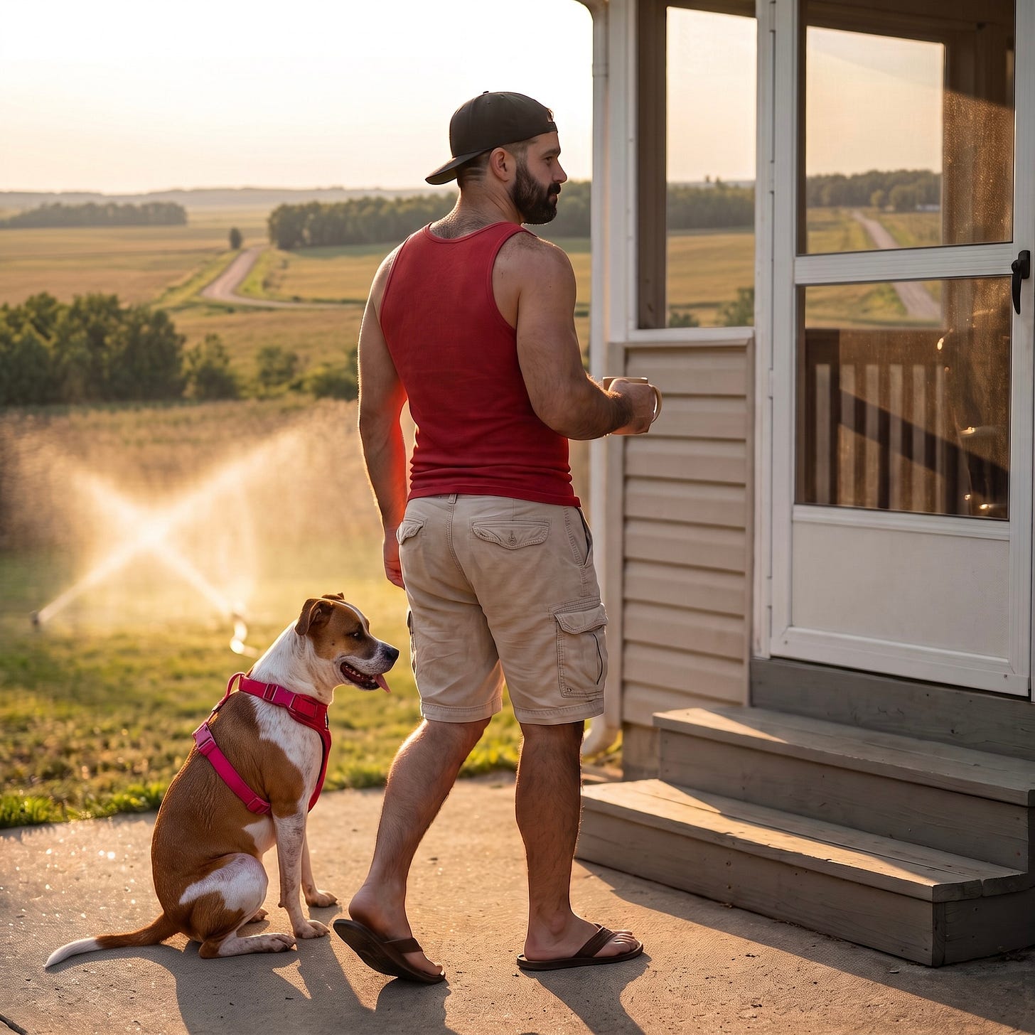 Mitch stands on a patio at golden hour, holding a coffee mug and looking out over a rural landscape. His faithful boxer-heeler dog sits calmly beside him, reflecting on the day's gardening paranoia. Mitch stands on a patio at golden hour, holding a coffee mug and looking out over a rural landscape. His faithful boxer-heeler dog sits calmly beside him, reflecting on the day's gardening paranoia.