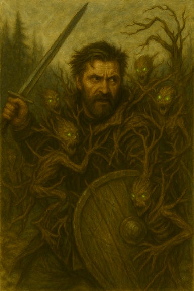 Fleetwood, visually based on Richard Armitage, stands on the Luna River bridge holding a sword in his right hand and a shield in his left. He wears travel-worn leathers and a weathered cloak. His hands are rough and calloused, gripping the hilt of a well-used blade and the worn edge of a sturdy shield with quiet resolve. The bridge is ancient stone, arched over the silver-gliding Luna River, with mist curling around its base. Sunlight filters through the trees, casting dappled light across the scene. The atmosphere is quiet, poignant, and filled with mystery.