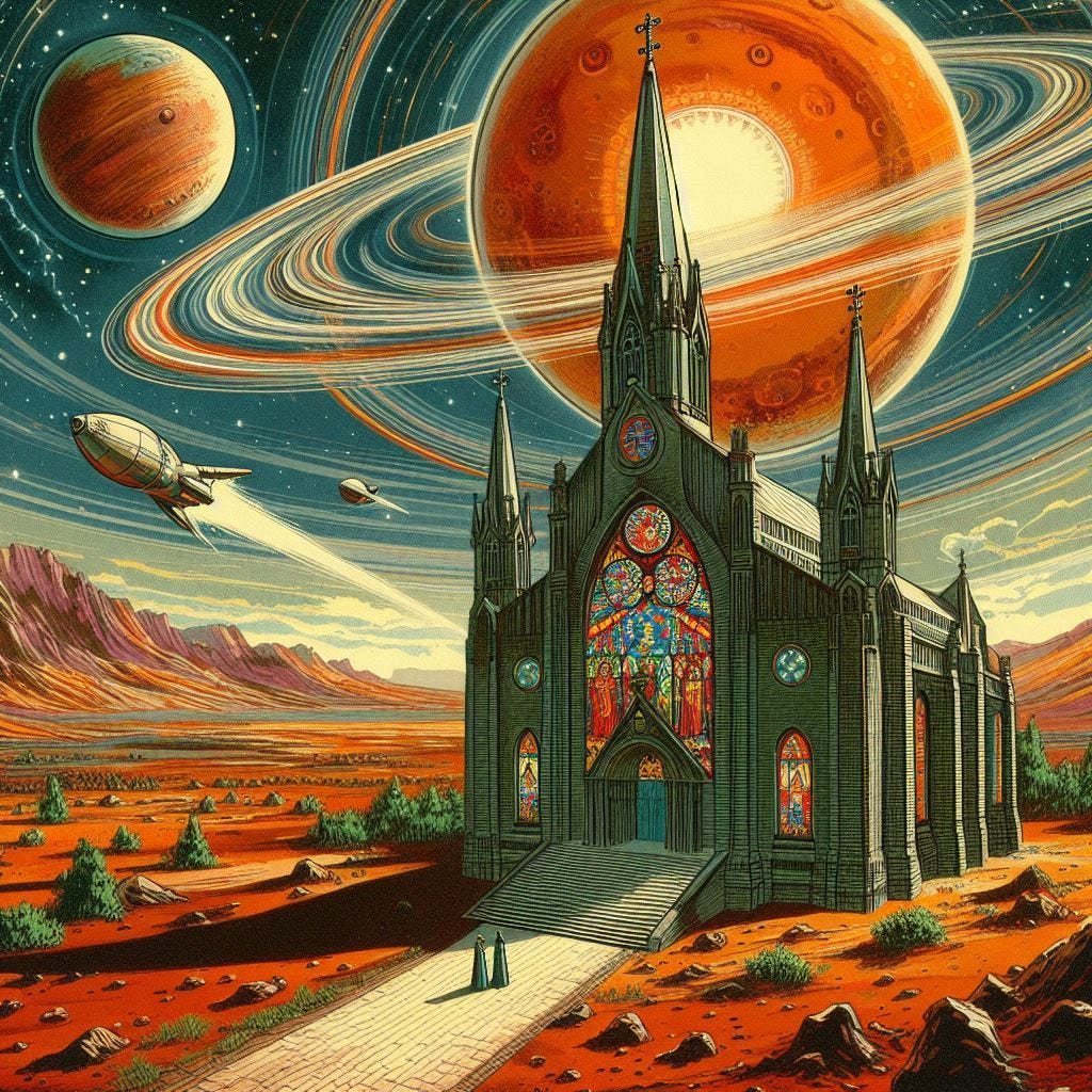 catholic church with stained glass windows on Mars, 60s sci-fi drawing