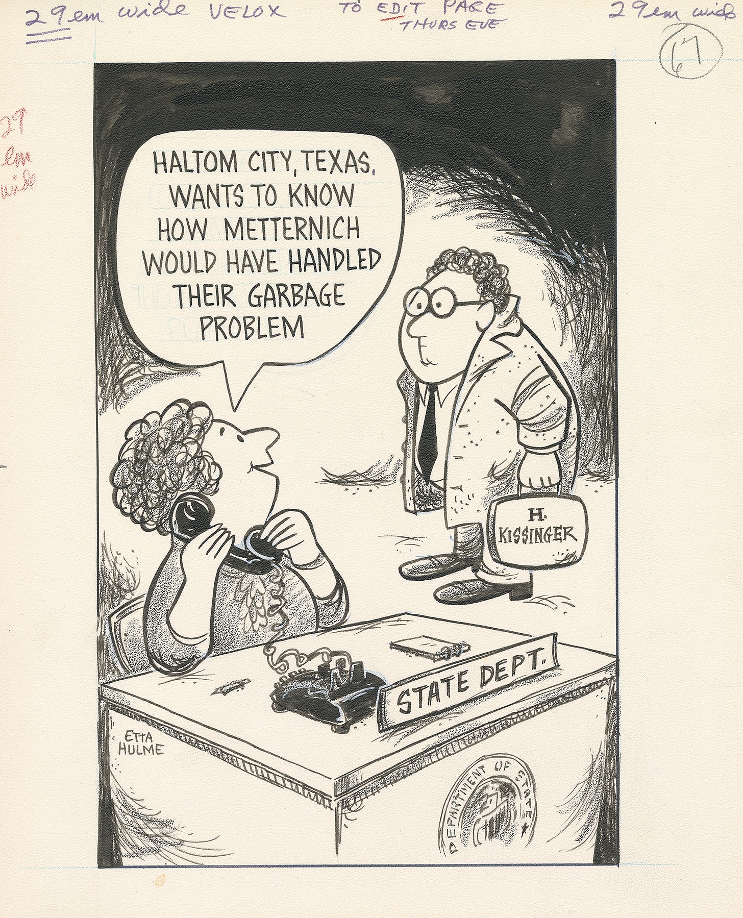 Editorial cartoon from the Etta Hulme Papers Editorial cartoon from the Etta Hulme Papers