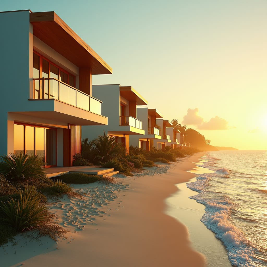 Sleek row of modern townhouses in Jamaica, their pastel hues and wooden accents gleaming in the warm, golden light of a Caribbean sunset, as the sound of waves gently lapping at the nearby beach fills the air