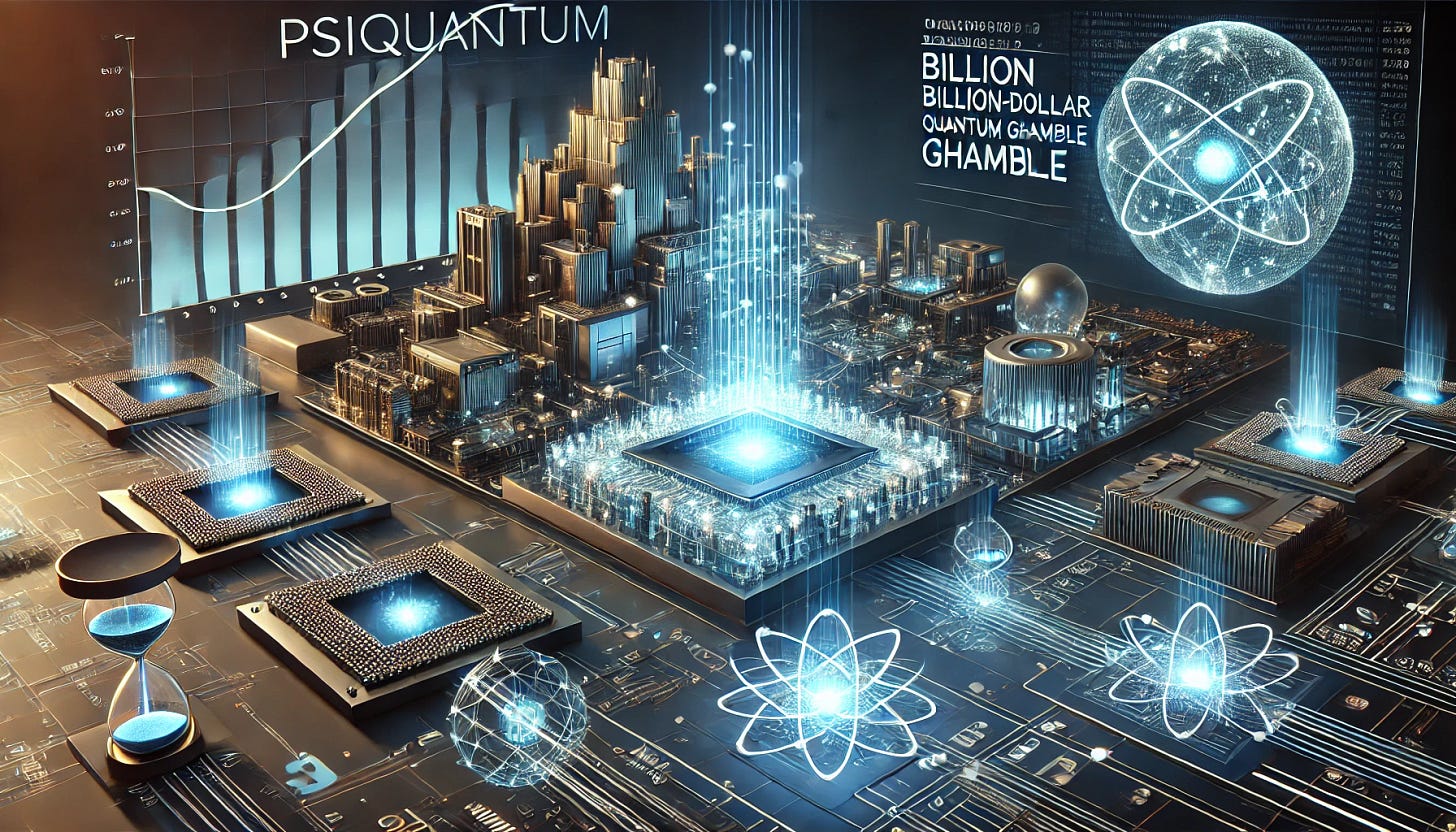 A futuristic representation of quantum computing with glowing photonic circuits, advanced quantum processors, and a high-tech laboratory setting. The scene should include financial elements like digital graphs and investment symbols, symbolizing PsiQuantum’s billion-dollar quantum gamble. The image should have a sleek, cutting-edge, and technological aesthetic with a horizontal layout.
