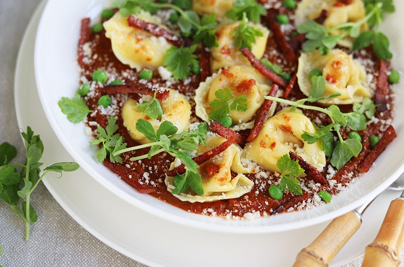 Tortelloni with Roasted Tomato Sauce, Crispy Salami, and Peas; Cook the Vineyard