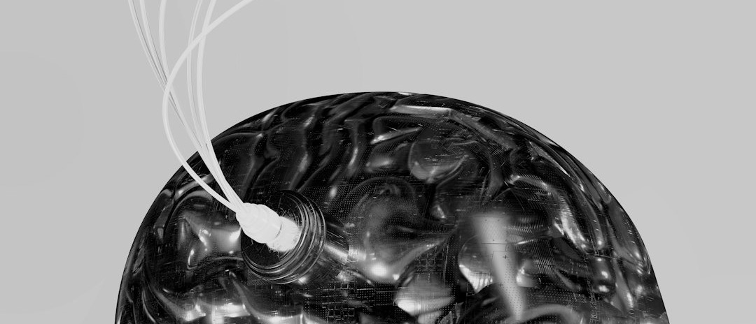 A black and white photo of a human head