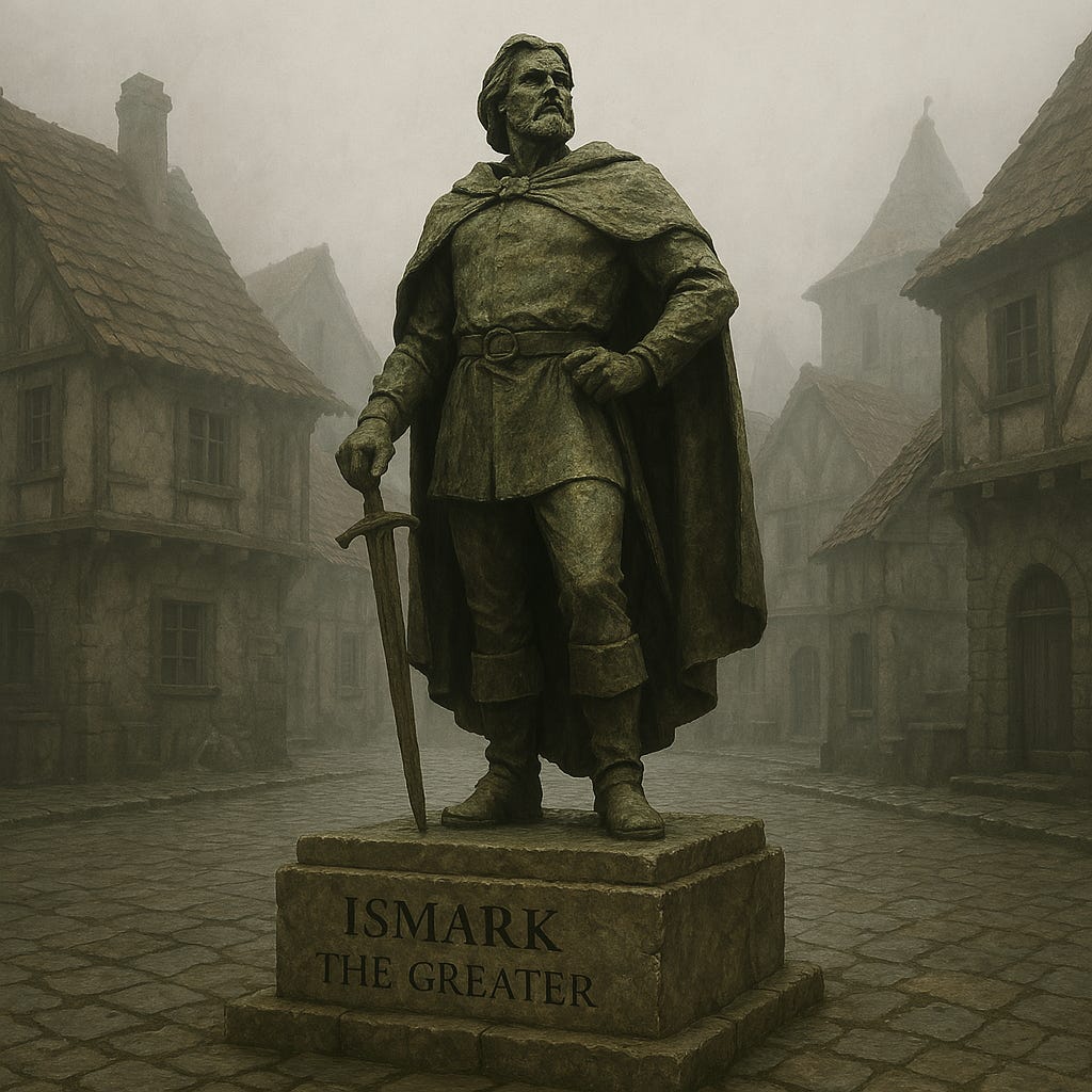Create an image of the statue of Ismark the Greater in the square of Barovia