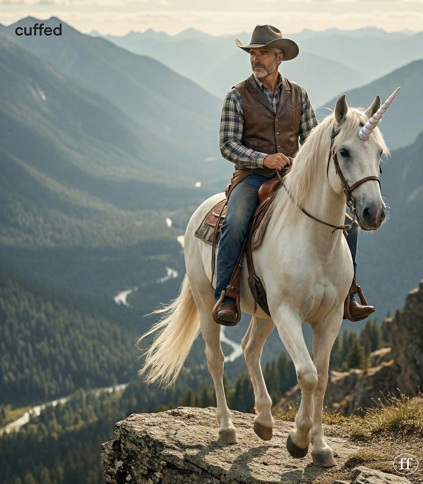 a calm, cinematic scene of a rugged man in a cowboy hat riding a white unicorn along a mountain ridge. muted natural tones, expansive landscape, quiet absurdity. mood: reflective, ironic, restrained. cuffed logo top left; fused ff logo bottom right.