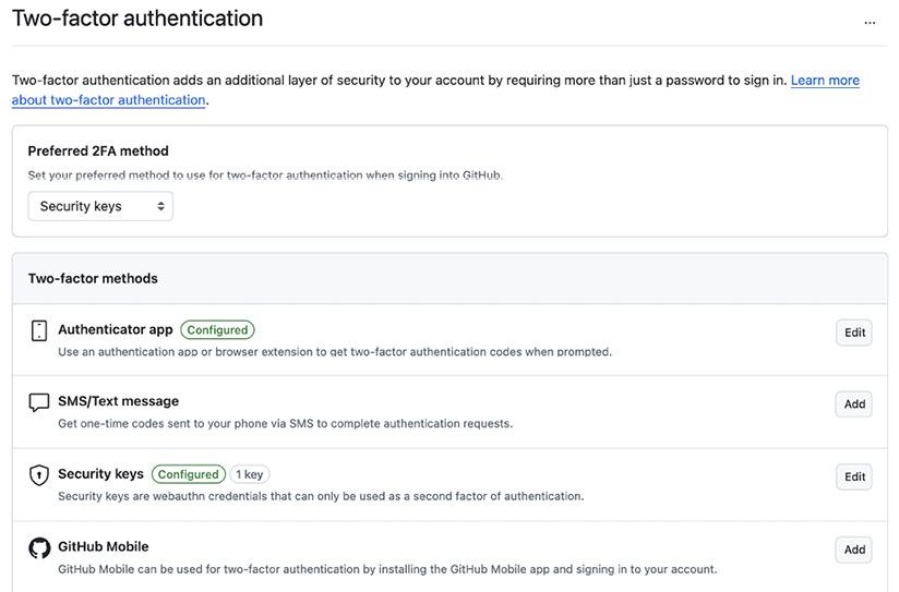 Figure 15.1: Available 2FA methods on GitHub