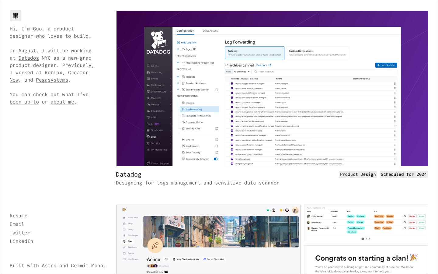 Guo's 3rd portfolio design iteration. It has a consistent side bar with navigation and the right column listing out projects and side projects. Guo's 3rd portfolio design iteration. It has a consistent side bar with navigation and the right column listing out projects and side projects.