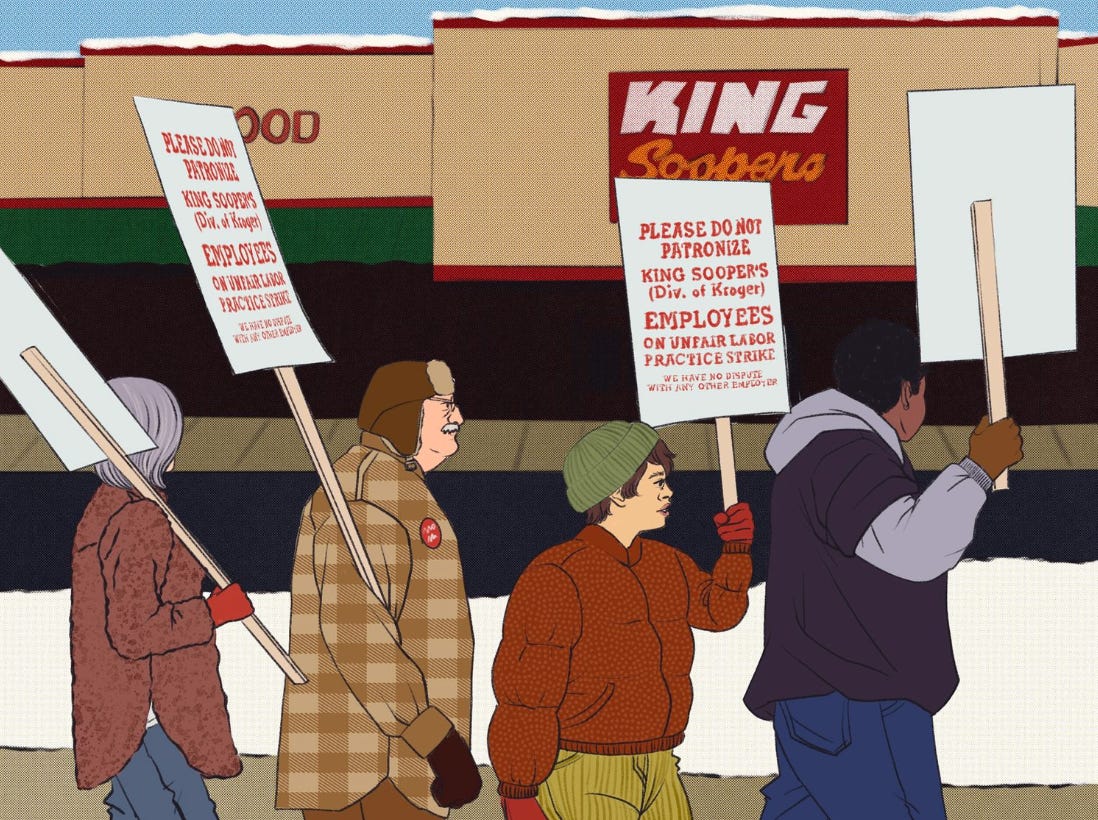an illustration depicting workers protesting in front of a king soopers store