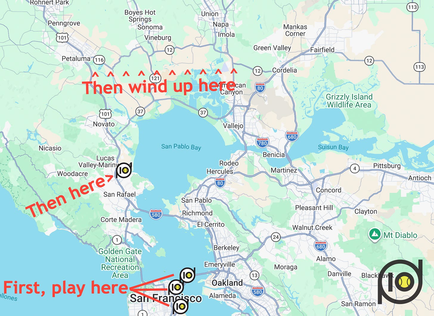 Map showing where you can play padel in San Francisco and Marin County