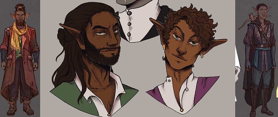 Fantasy characters with pointed ears in various outfits: one in a coat with scarves, one in a cape, and two portraits, all set against a gray background. Fantasy characters with pointed ears in various outfits: one in a coat with scarves, one in a cape, and two portraits, all set against a gray background.