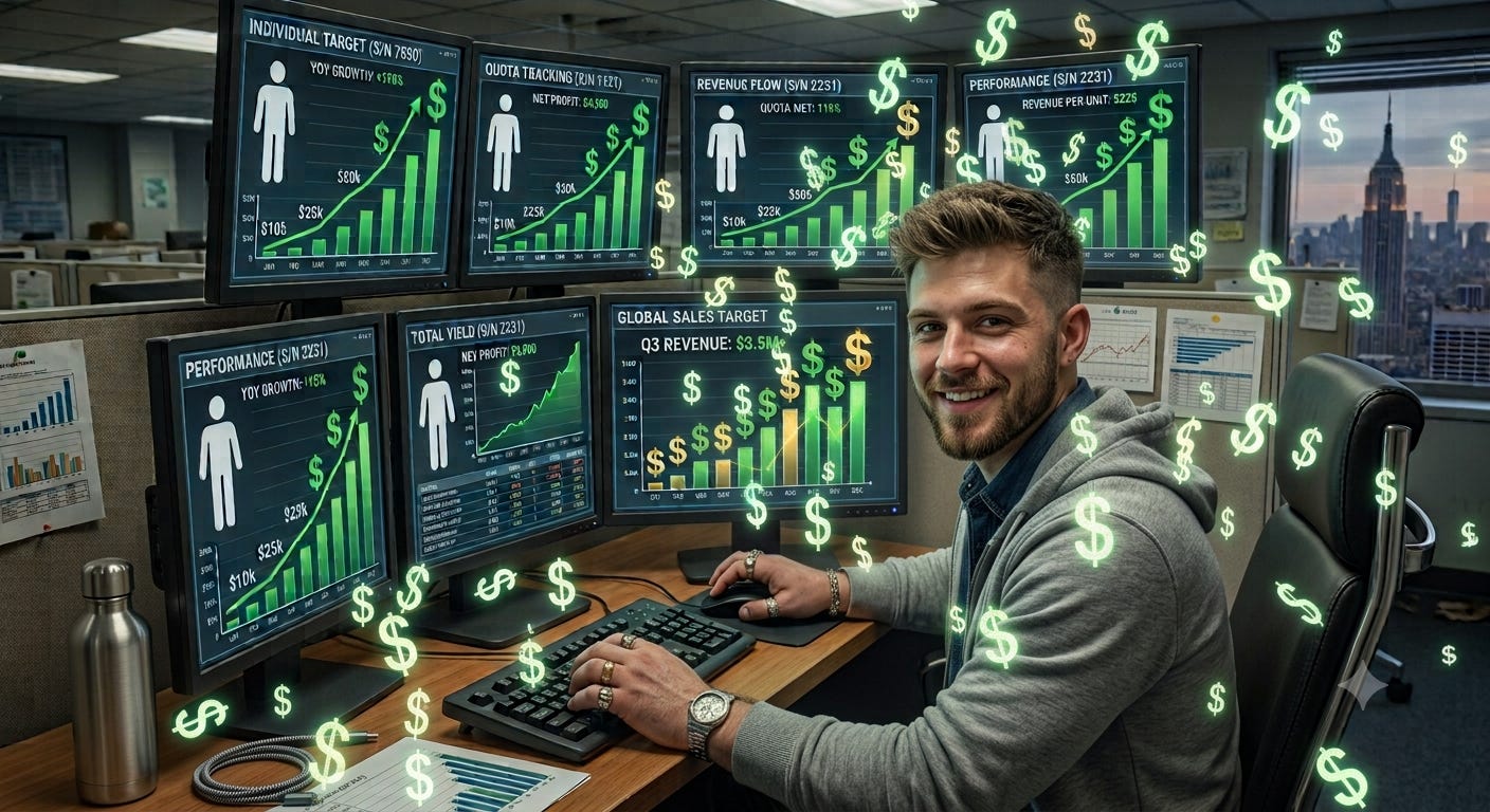 A smiling young tech dude sits in front of an array of computer screens covered in dollar signs and charts that show sales growth. Virtual dollar signs hover around him. A smiling young tech dude sits in front of an array of computer screens covered in dollar signs and charts that show sales growth. Virtual dollar signs hover around him.
