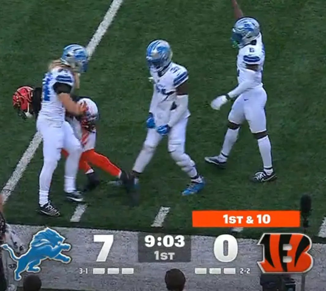 Kerby Joseph wearing knee brace in Week 5 of 2025 season Kerby Joseph wearing knee brace in Week 5 of 2025 season