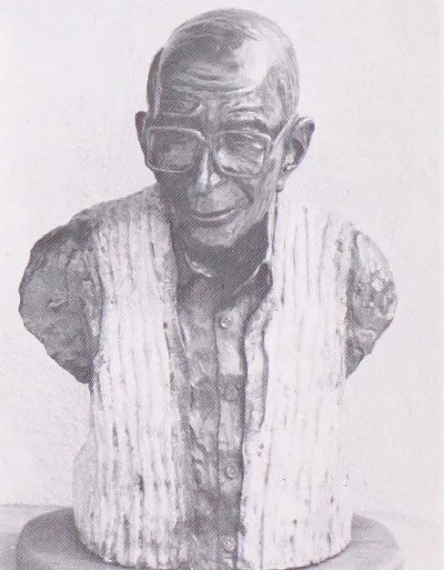 Two images side by side. On the left, an older nude man identified as Jim Herndon smiles while seated, with floral wallpaper behind him. On the right, a bronze bust sculpture of Jim Herndon by Ed Dwight depicts him wearing glasses and a textured vest over a collared shirt.