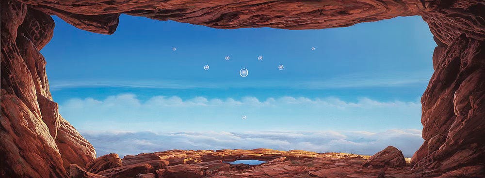 A dreamlike view out of a cave of orange rock out to vibrant blue sky. The curved ground gives way to layers of cloud. Above in the blue float transparent orbs, cloudy with the glow of a flicker of flame. A dreamlike view out of a cave of orange rock out to vibrant blue sky. The curved ground gives way to layers of cloud. Above in the blue float transparent orbs, cloudy with the glow of a flicker of flame.