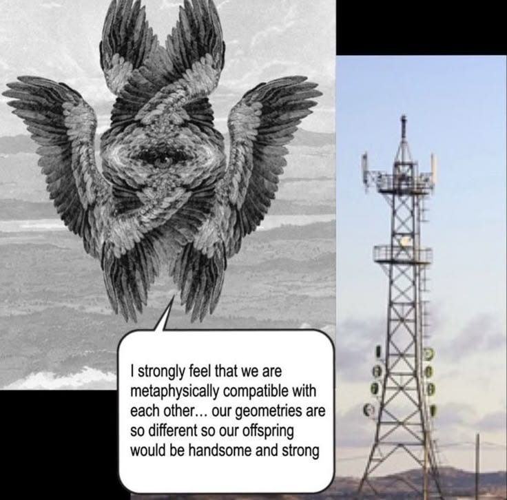 This may contain: two pictures one with an eagle and the other with a cell phone tower
