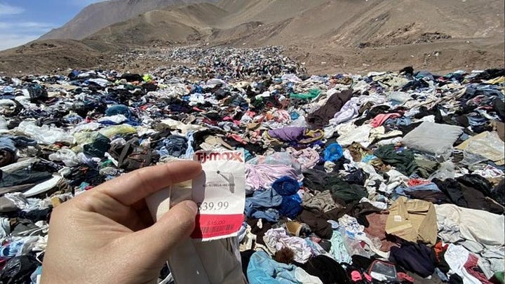 Left, Atacama Desert landscape with large pile of clothes. Right, clean Atacama Desert landscape with animals.