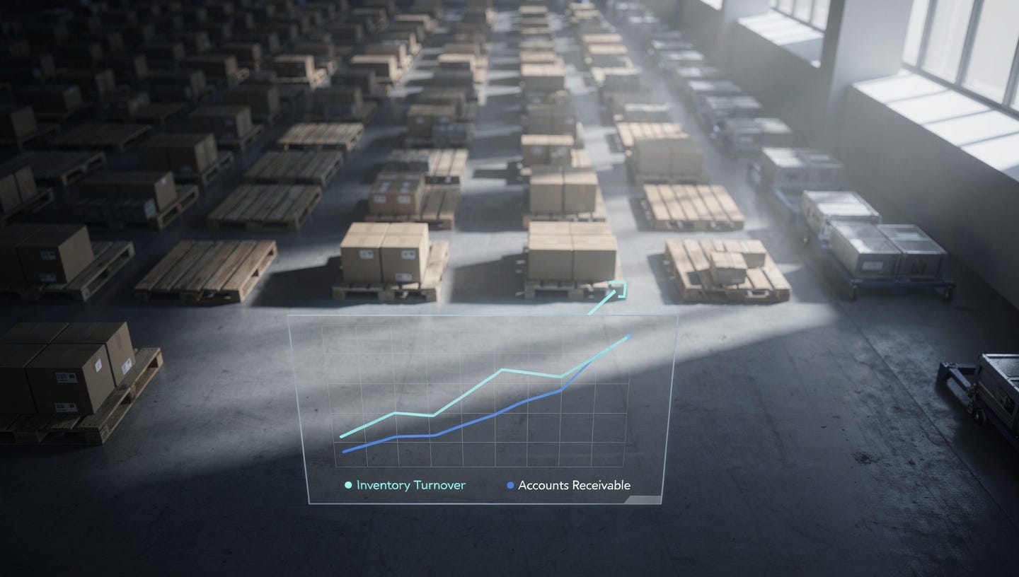 A high-end minimalist macro photograph of a warehouse floor seen from a high angle. The scene is organized with neat rows of wooden pallets and industrial boxes, partially illuminated by sharp, cool-toned shafts of sunlight coming from high windows. In the foreground, a transparent glass overlay shows a subtle, glowing financial graph of "Inventory Turnover" and "Accounts Receivable." The aesthetic is clean and industrial, symbolizing the hidden complexity of working capital. 8k resolution, cinematic lighting, architectural photography style. A high-end minimalist macro photograph of a warehouse floor seen from a high angle. The scene is organized with neat rows of wooden pallets and industrial boxes, partially illuminated by sharp, cool-toned shafts of sunlight coming from high windows. In the foreground, a transparent glass overlay shows a subtle, glowing financial graph of "Inventory Turnover" and "Accounts Receivable." The aesthetic is clean and industrial, symbolizing the hidden complexity of working capital. 8k resolution, cinematic lighting, architectural photography style.
