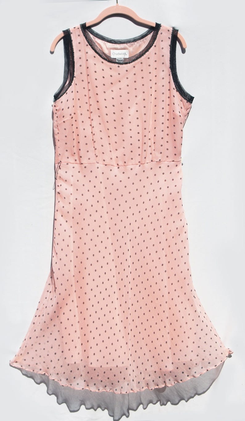Vintage Chadwicks Womens Long Bias Cut Silk Chiffon Sleeveless Dress Rose Pink Polka Dot Size 10-12 image 4
