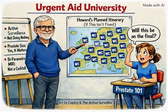 Urgent Aid University cartoon featuring Howard Wolinsky in street clothes using a laser pointer, European WC map, and a frazzled nurse practitioner student in jeans and a T-shirt at a small desk labeled Prostate 101 raising her hand asking 'Will this be on the final?' with credit line 'Art by Copilot & The Active Surveillor'