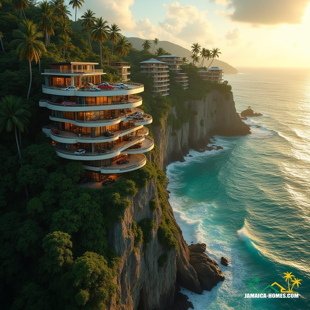 A breathtaking Jamaican cliff edge at golden hour, cascading multi-level apartments carved into limestone, skybridges linking towers, rooftop petrol station glowing softly, coconut trees swaying below, turquoise Caribbean Sea crashing at the base