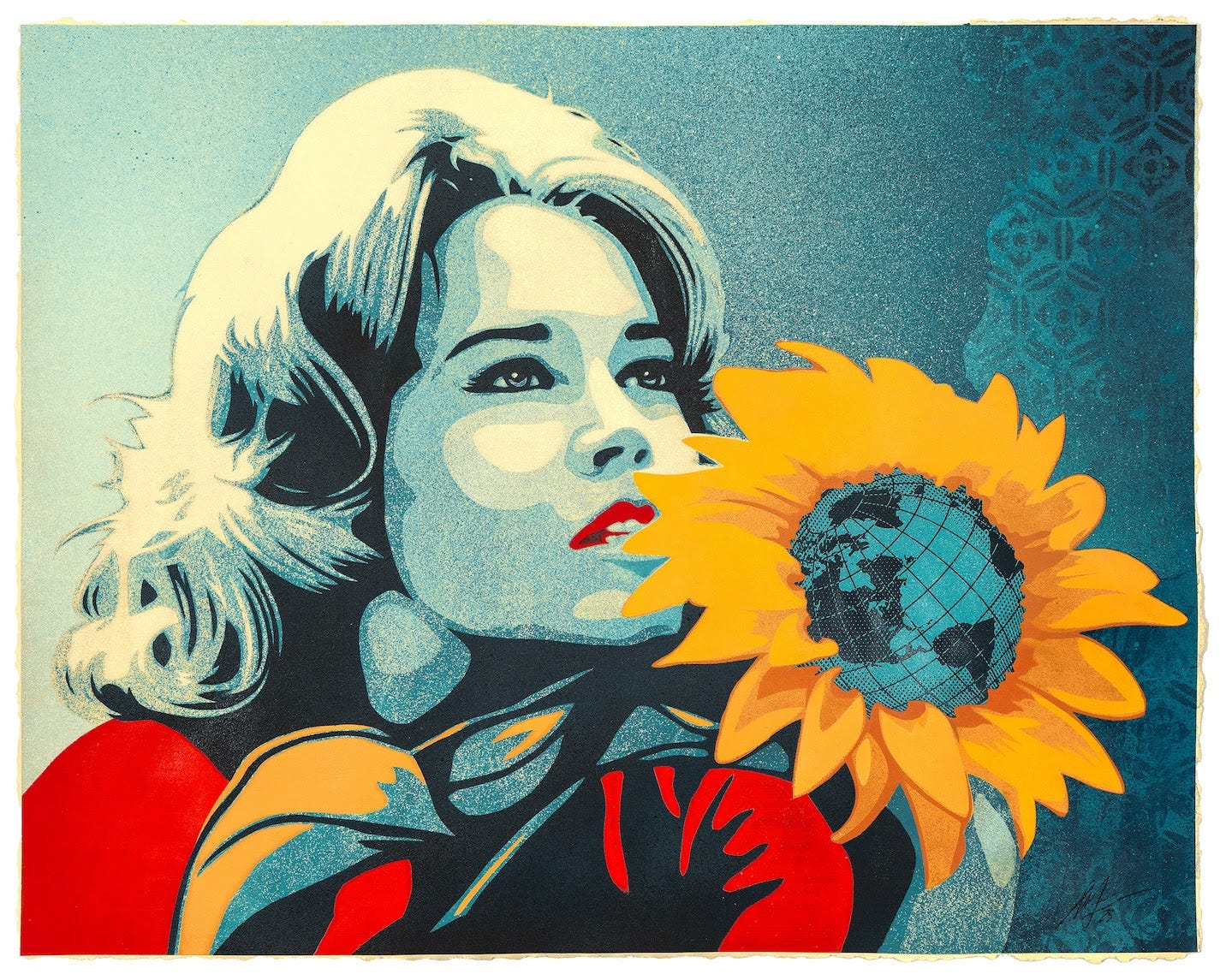 The exclusive poster made by Shepard Fairey: Stylistic rendering of Jane with a sunflower, except the center of the flower is the globe