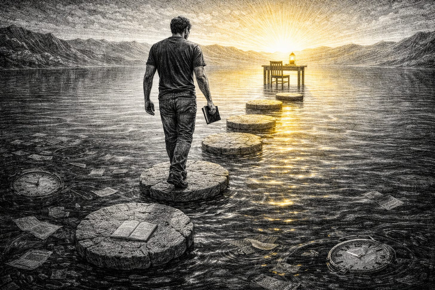 Black-and-white illustration of a man crossing stepping stones through dark water toward a desk in morning light, with submerged clocks and scattered pages behind him, suggesting entry into deep work.